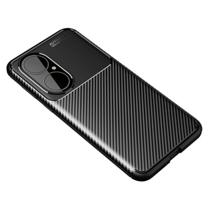 Black TPU phone case with carbon fiber texture and dual camera cutout, raised edges
