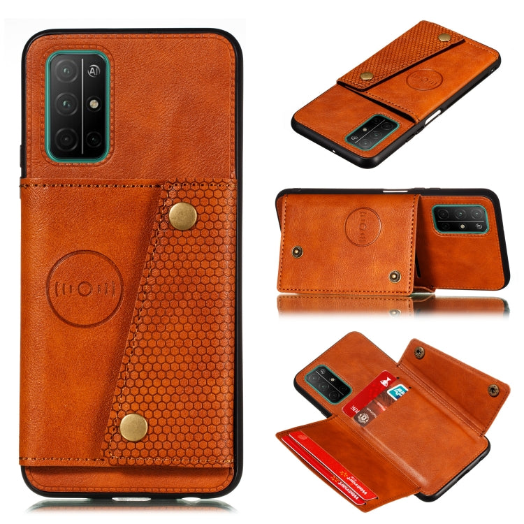 Light brown magnetic wallet phone case with card slots and honeycomb panel