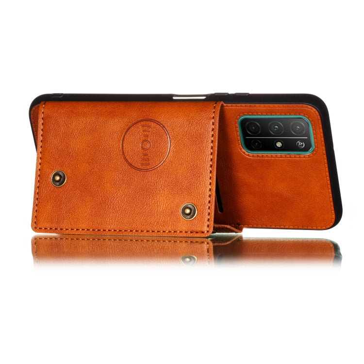 Light brown magnetic wallet phone case with camera cutout and snap buttons