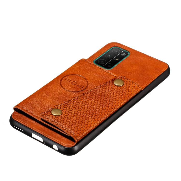 Light brown PU+TPU phone case with card slots, honeycomb texture, lens cutout