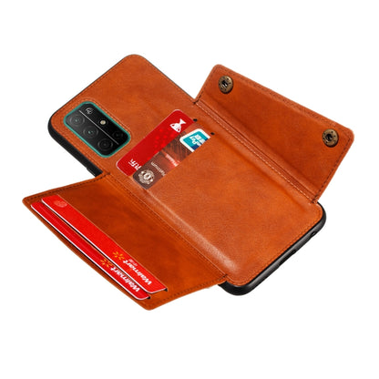 Light brown magnetic wallet phone case with card holder and flip cover open