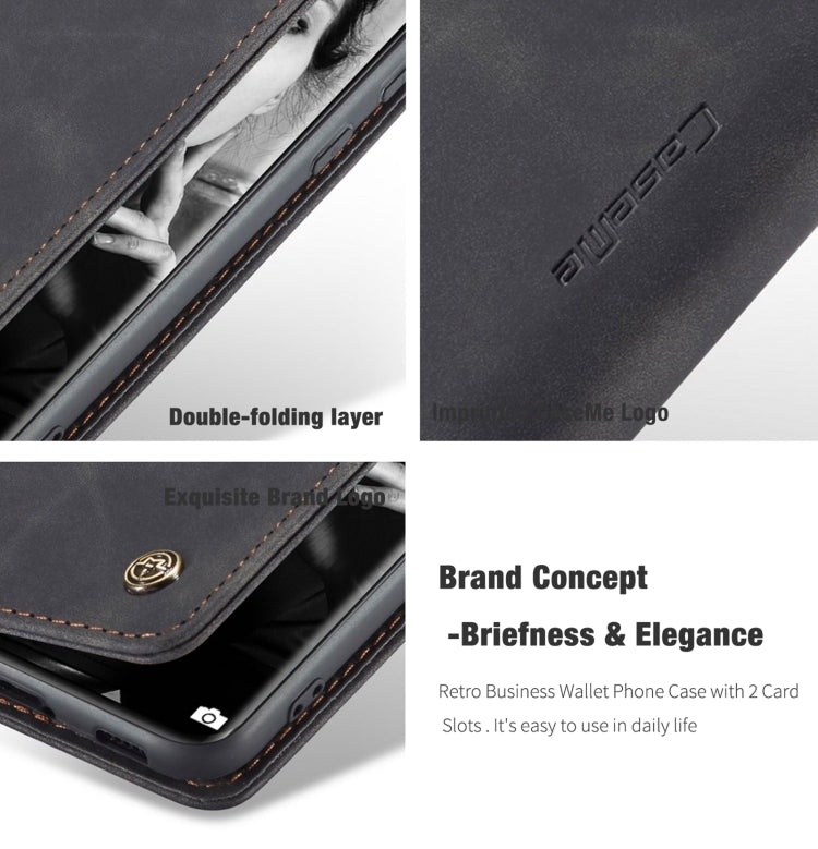 Horizontal flip leather phone case close-up, dark gray stitched edges and logo emblem