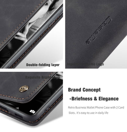 Horizontal flip leather phone case close-up, dark gray stitched edges and logo emblem