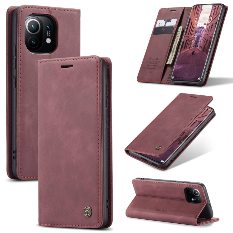 Horizontal flip leather phone wallet case for Xiaomi Mi 11, wine red with flip cover