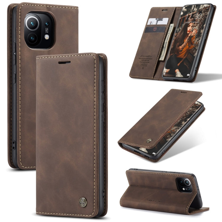 Brown leather flip phone case with card slots, wallet, and kickstand