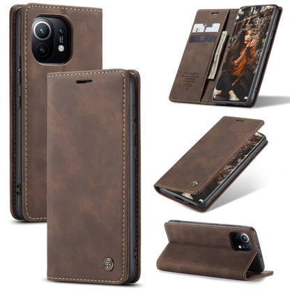 Brown leather flip phone case with card slots, wallet, and kickstand
