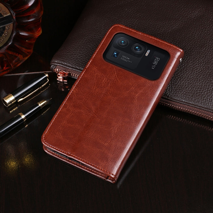 Brown Crazy Horse leather flip case with rear cutout and camera opening