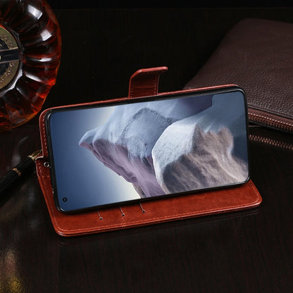 Brown Crazy Horse leather flip case with holder, phone screen facing outward