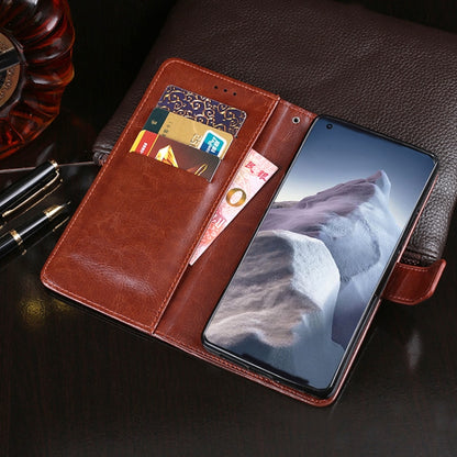 Brown leather wallet flip case with card slots and phone holder on open view