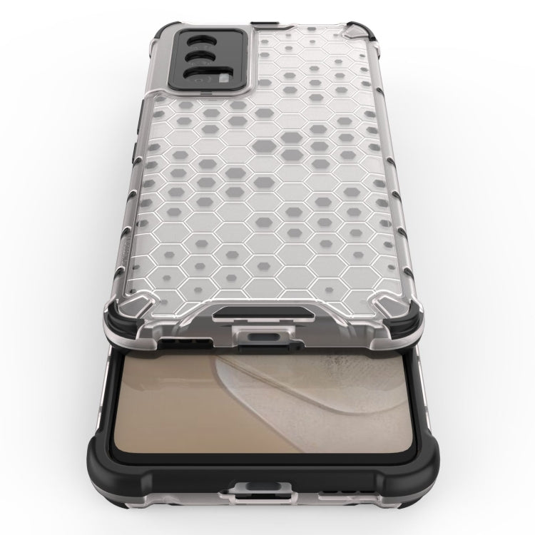Shockproof honeycomb phone case in translucent gray with camera cutout and bumper