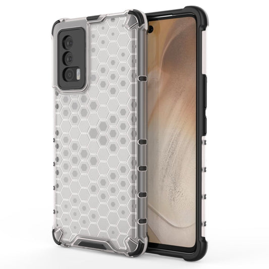 Shockproof honeycomb phone case in translucent gray with raised shockproof corners