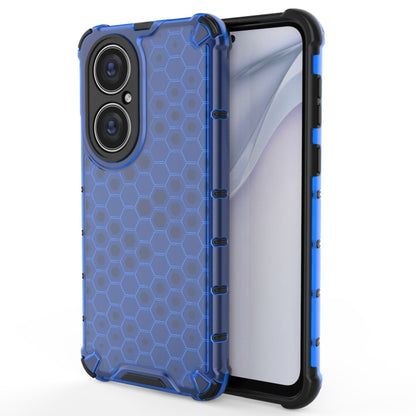 Shockproof phone case with hex honeycomb pattern, blue back, black bumper, dual camera cutouts