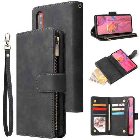 Black leather phone wallet case with card slots, zip pocket, and wrist strap