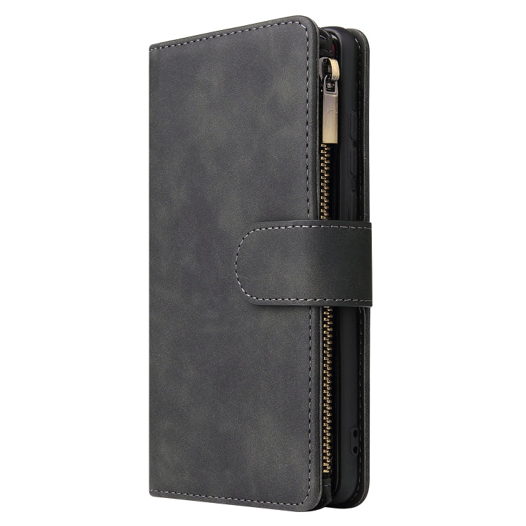 Black leather phone wallet case with side zipper and snap front flap