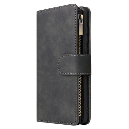 Black leather phone wallet case with side zipper and snap front flap