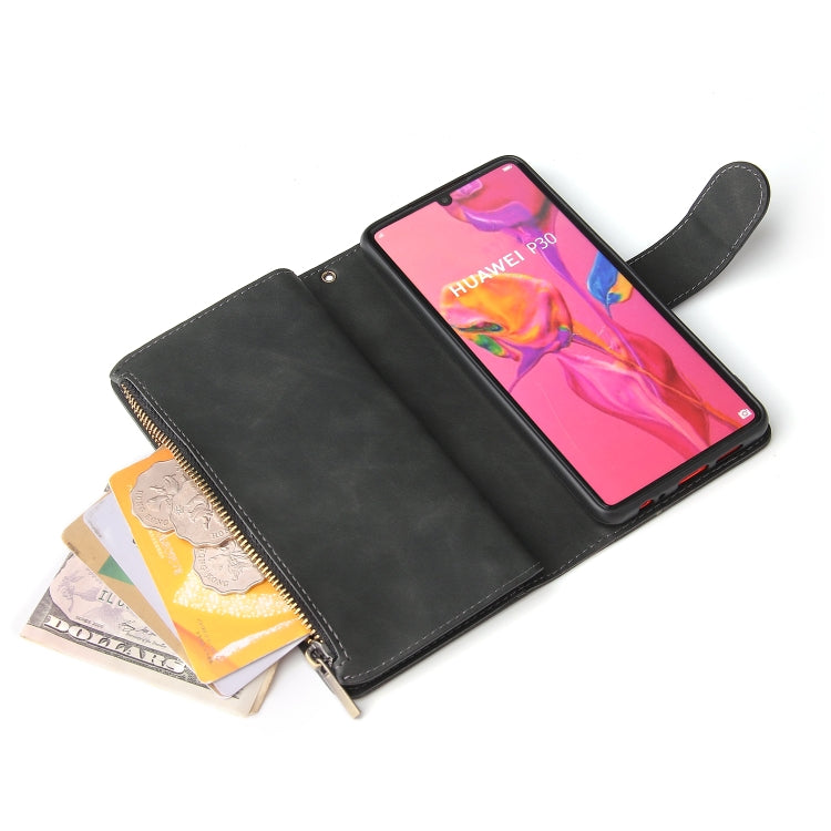 Black leather horizontal flip wallet case with open card slots and zipper