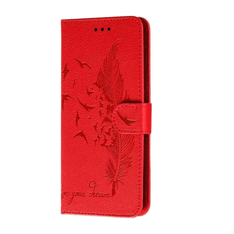 Red feather-pattern litchi-texture flip leather phone case with card slots