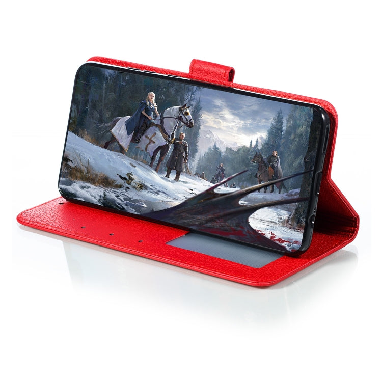 Red flip leather phone case with card holder and windowed stand