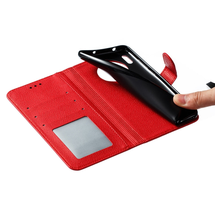 Red litchi-texture flip leather phone case with card holder slots