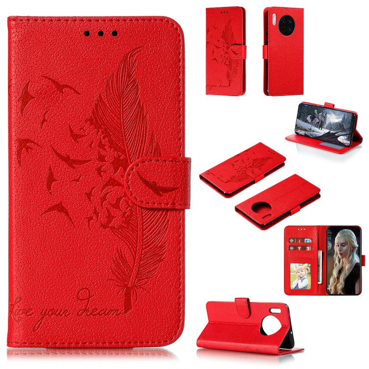 Red feather-pattern litchi-texture flip leather phone case with card slots