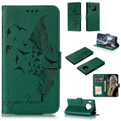 Green feather pattern leather phone wallet flip case with card slots and stand