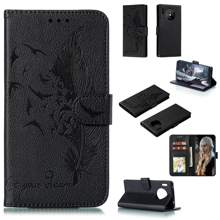 Black feather pattern leather phone wallet flip case with card slots and stand