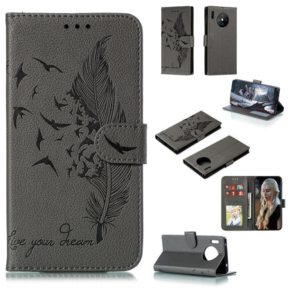Gray feather pattern leather phone wallet flip case with card slots and stand
