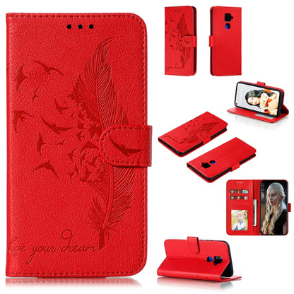 Red feather pattern leather phone wallet flip case with card slots and stand
