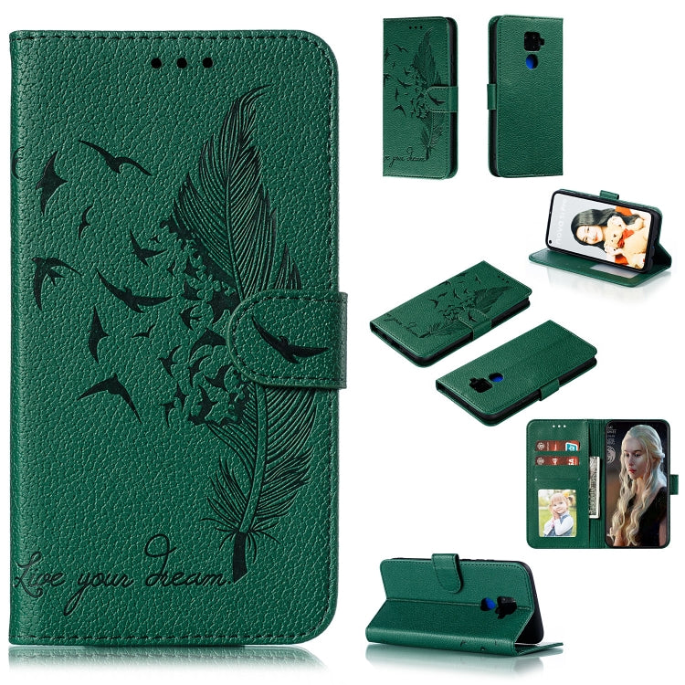 Dark green feather pattern leather phone wallet flip case with card slots and stand