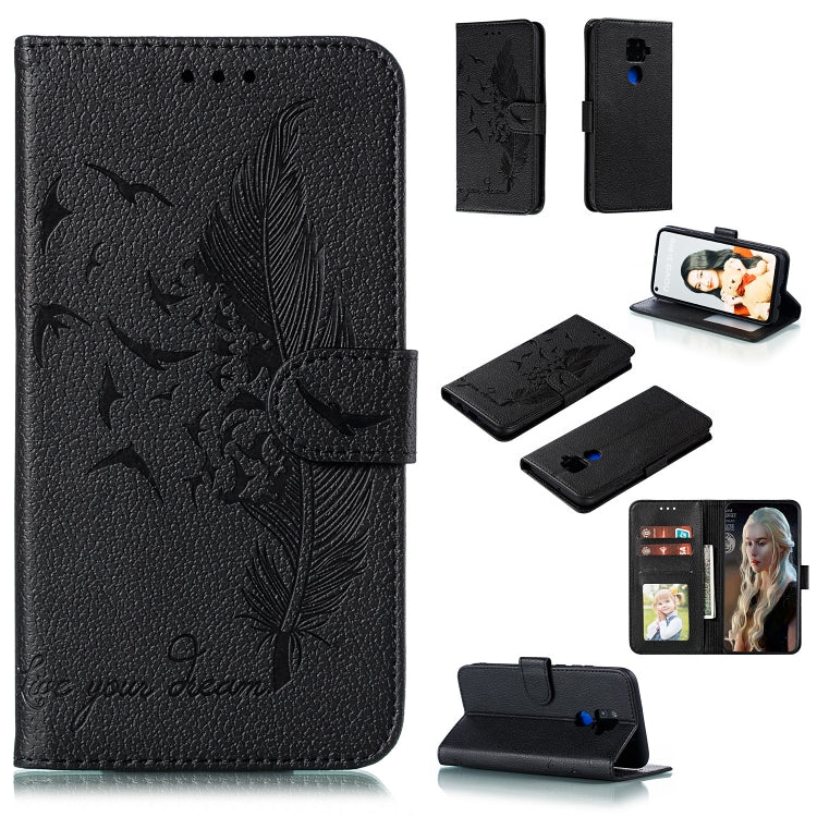 Black feather pattern leather phone wallet flip case with card slots and stand