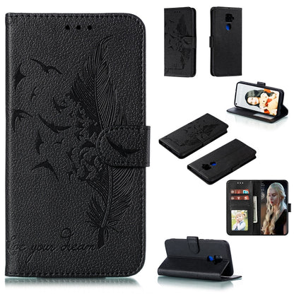 Black feather pattern leather phone wallet flip case with card slots and stand