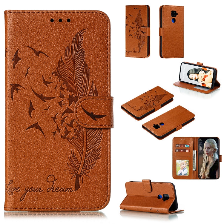 Orange textured leather flip phone case with feather pattern, card slots, and stand