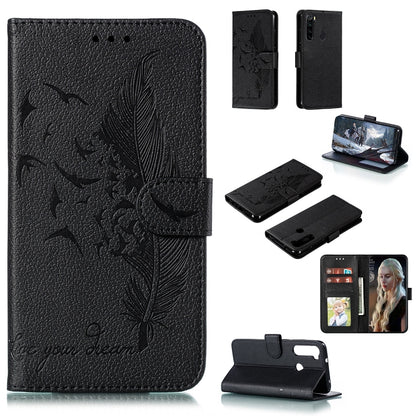 Black textured leather flip phone case with feather pattern, card slots, and stand