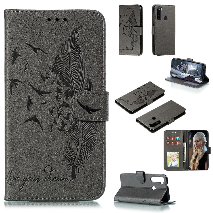 Gray textured leather flip phone case with feather pattern, card slots, and stand