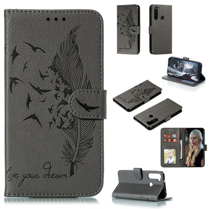 Gray textured leather flip phone case with feather pattern, card slots, and stand