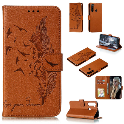 Orange textured leather flip phone case with feather pattern, card slots, and stand