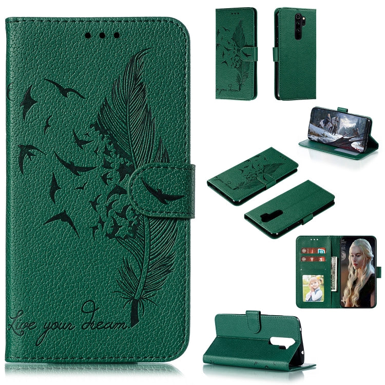 Green textured leather flip phone case with feather pattern, card slots, and stand