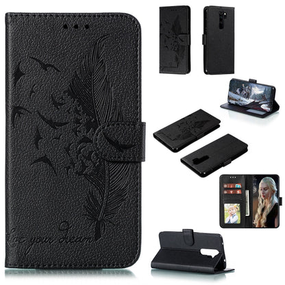 Black textured leather flip phone case with feather pattern, card slots, and stand