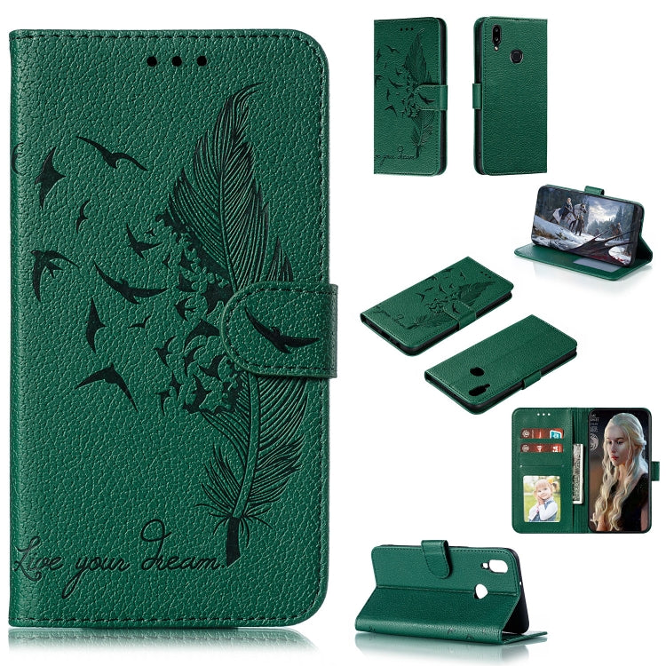 Green leather flip phone case with bird and feather pattern, card slots and stand