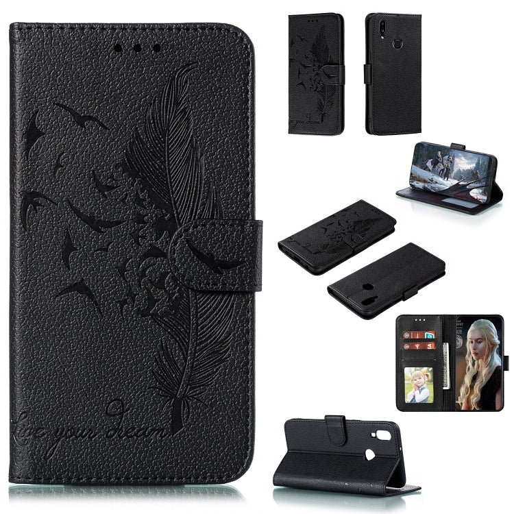 Black leather flip phone case with bird and feather pattern, card slots and stand