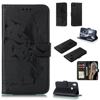 Black leather flip phone case with bird and feather pattern, card slots and stand
