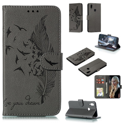Gray leather flip phone case with bird and feather pattern, card slots and stand