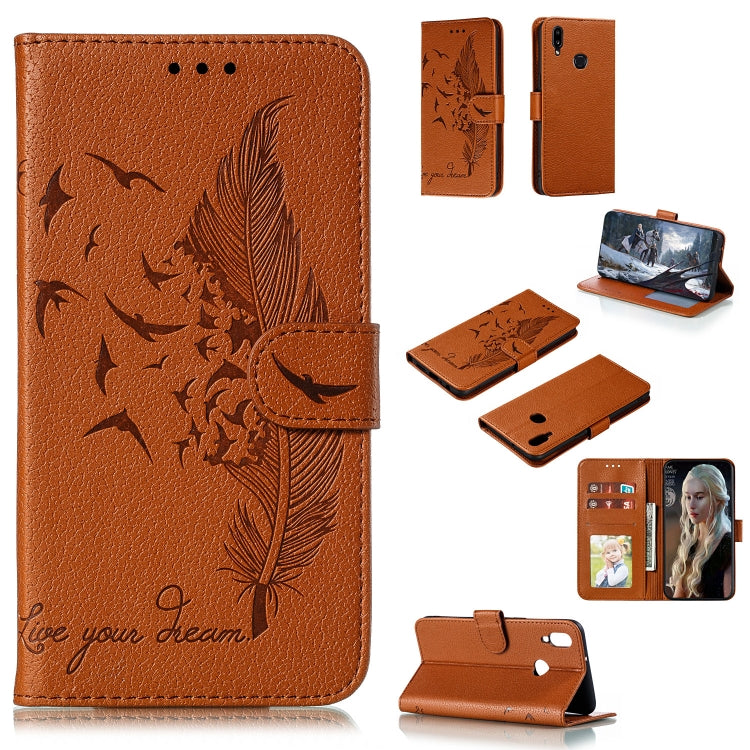 Brown-orange leather flip phone case with bird and feather pattern, card slots and stand
