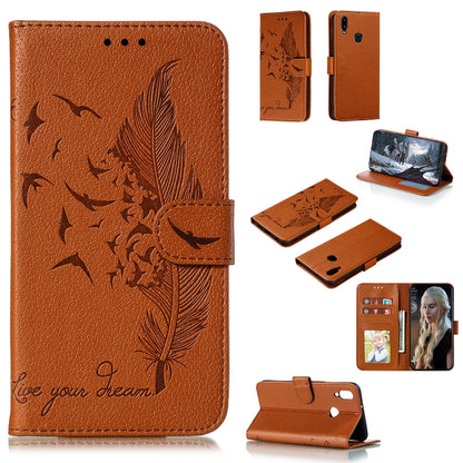 Brown-orange leather flip phone case with bird and feather pattern, card slots and stand
