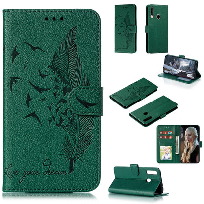 Deep green leather flip phone case with bird and feather pattern, card slots and stand