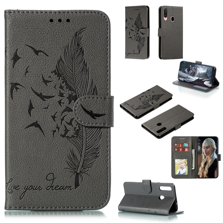 Dark gray flip leather phone case with feather bird pattern, card slots, and stand