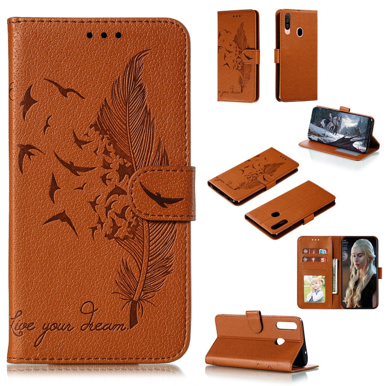 Brown orange flip leather phone case with feather bird pattern, card slots, and stand