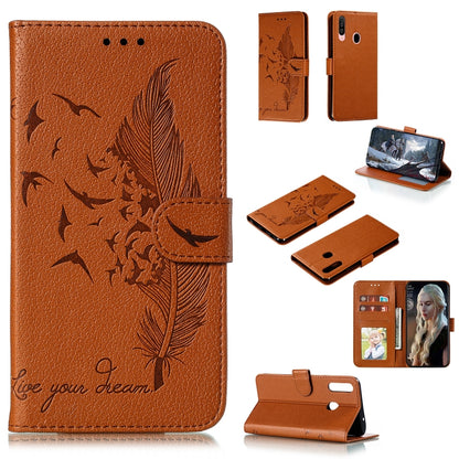 Brown orange flip leather phone case with feather bird pattern, card slots, and stand