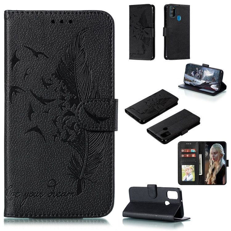 Black flip leather phone case with feather bird pattern, card slots, and stand
