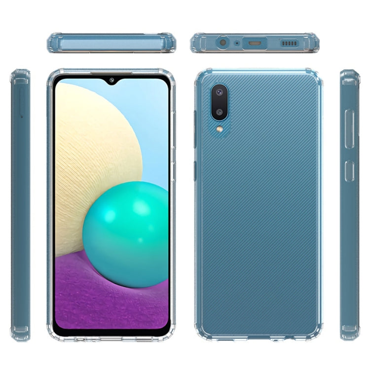 Clear protective phone case with textured blue back and raised screen and camera edges